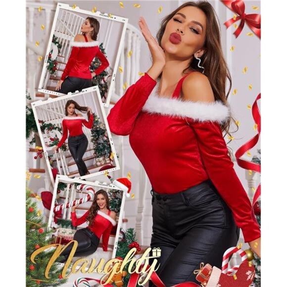 Shoulder Top – Women’s Santa Velvet Off-the-Shoulder Sweater with Fur Trim - Picture 4 of 6
